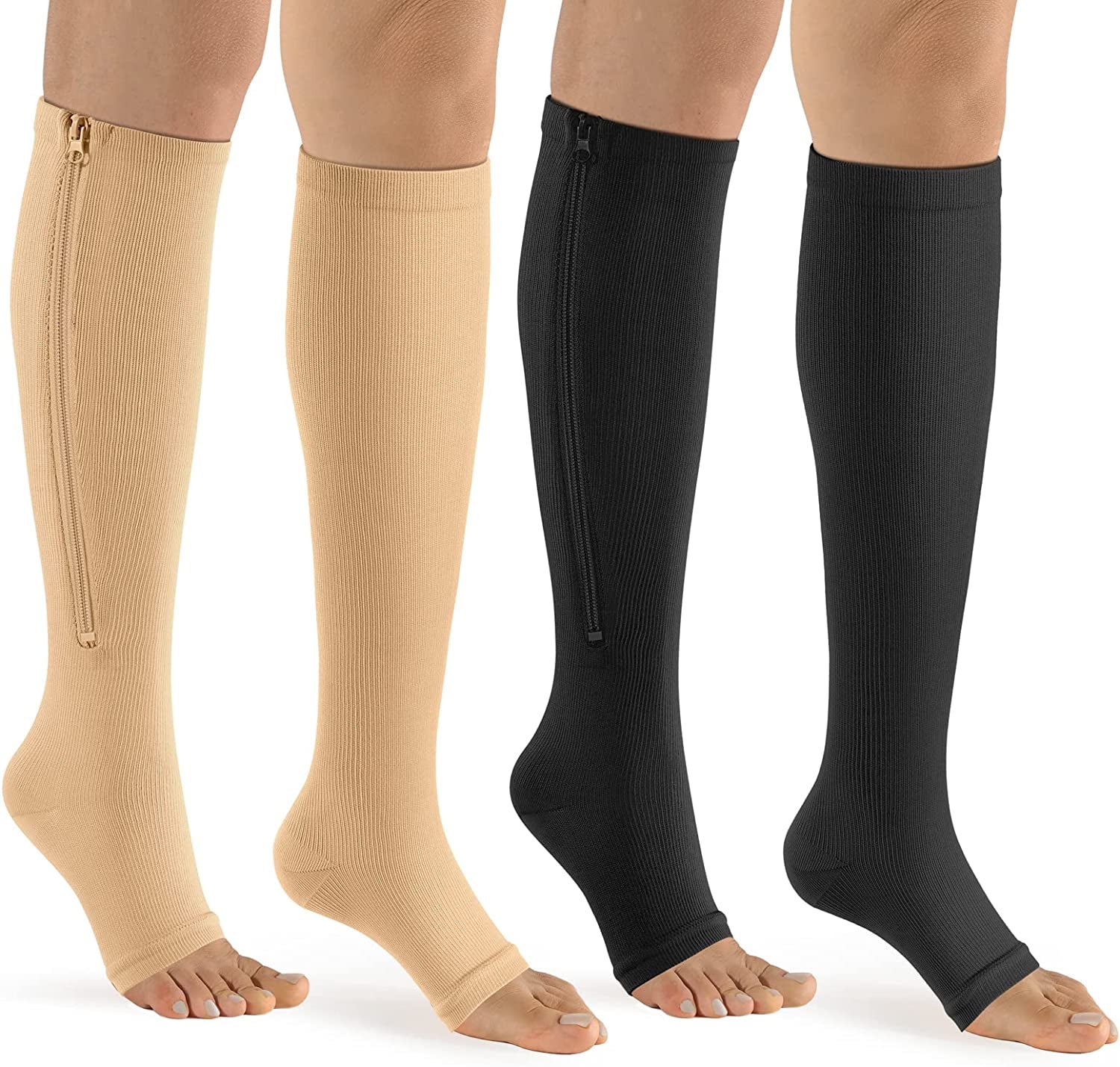 Zipper Compression Socks Women & Men - 2Pairs Calf Knee High 15-20Mmhg Open Toe Compression Stocking Suit for Walking