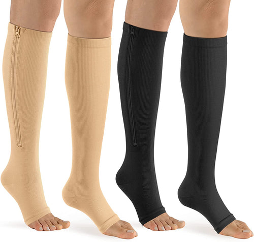 Zipper Compression Socks Women & Men - 2Pairs Calf Knee High 15-20Mmhg Open Toe Compression Stocking Suit for Walking